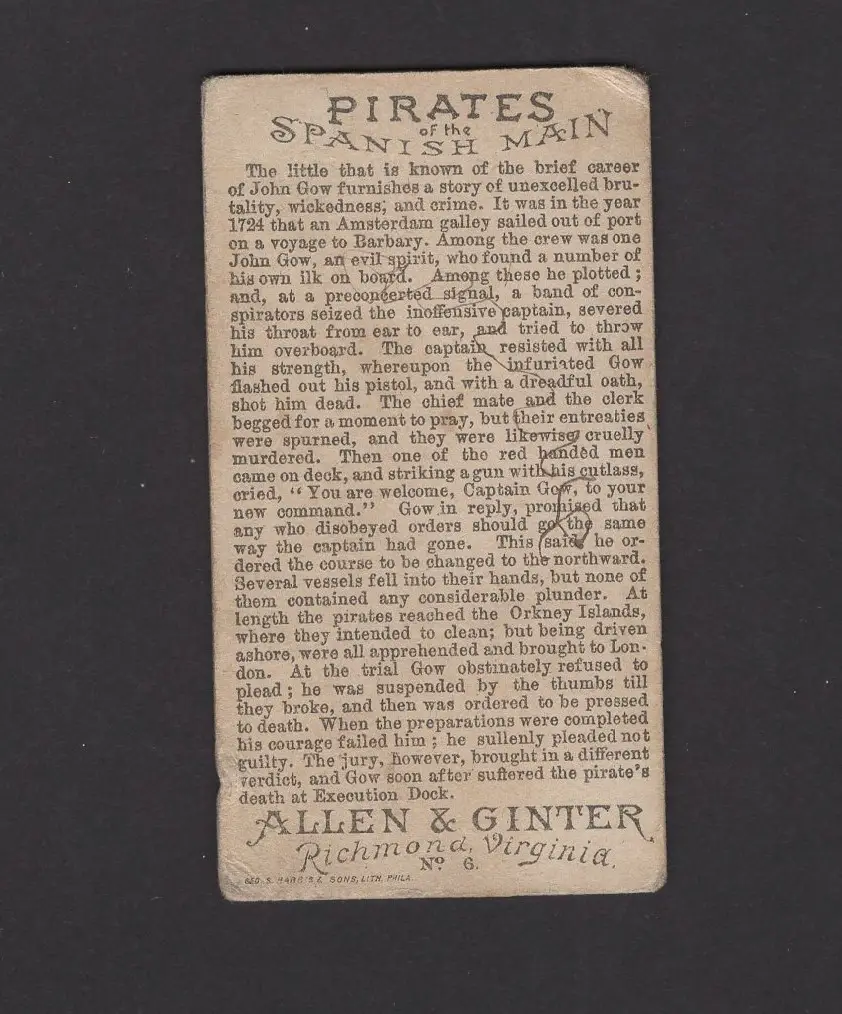 1888 Allen &  Ginter N19 Pirates of the Spanish Main #6 JOHN GOW