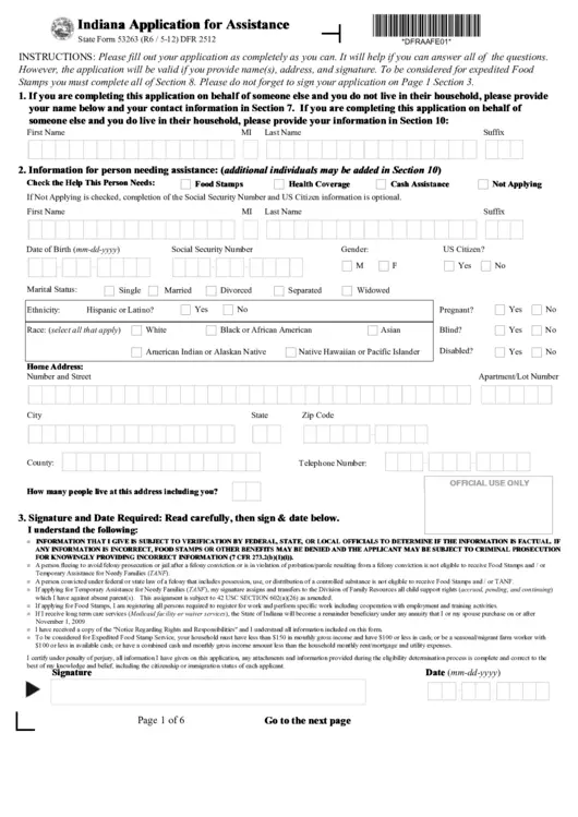 Indiana Application For Assistance printable pdf download