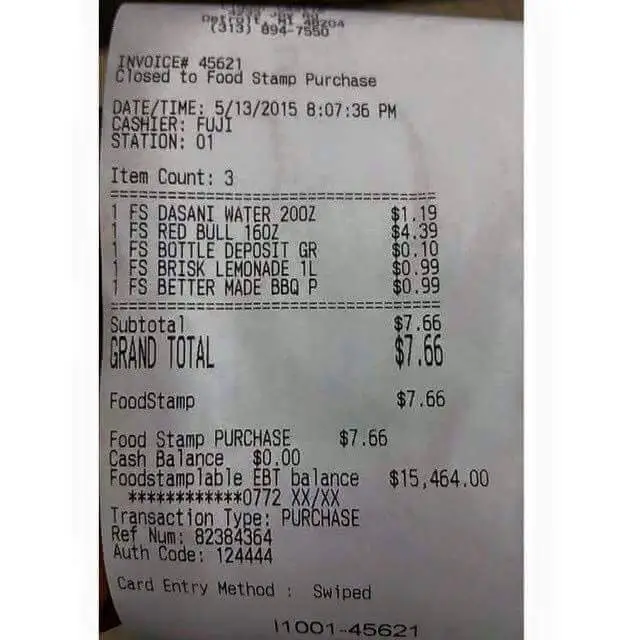 Receipt Shows a $15,464 Food Stamp Balance