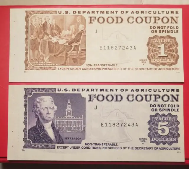 USDA Food Coupons Stamp $1 &  $ 5 1978 A UNC Same Serial Number ...