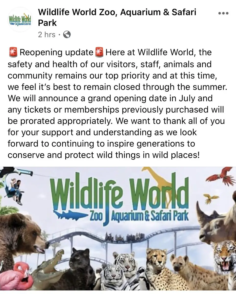 Wildlife World Zoo, Aquarium &  Safari Park says it will remain closed ...